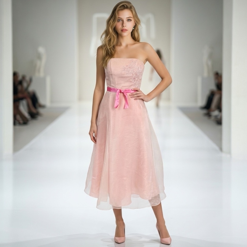 Pink Strapless Organza Midi Dress Floral Embroidered Ribbon Tie at Waist Size 4